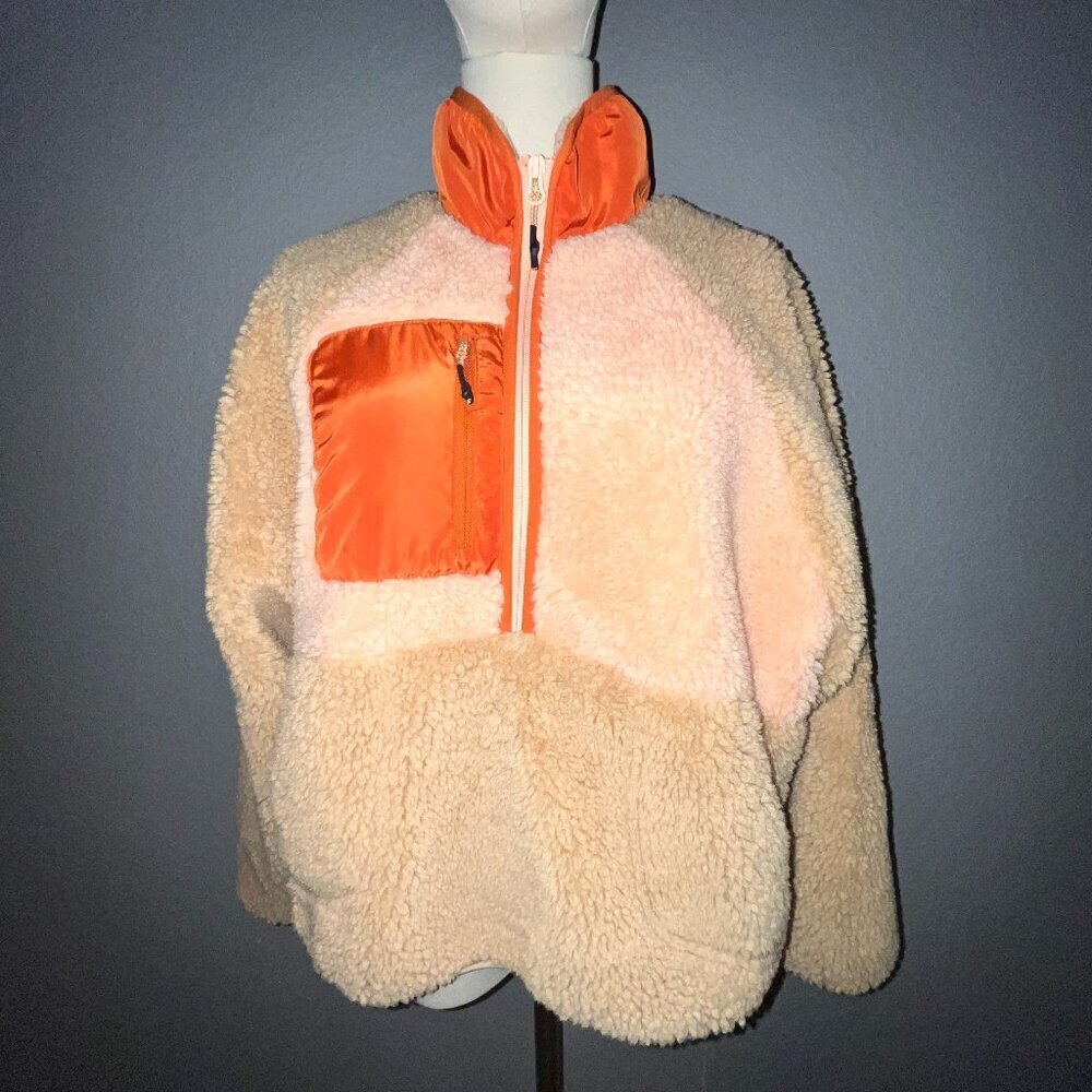 STOIC DAISY QUILTED PULLOVER FLEECE JACKET in BEIGE & ORANGE COLORBLOCK EUC - M